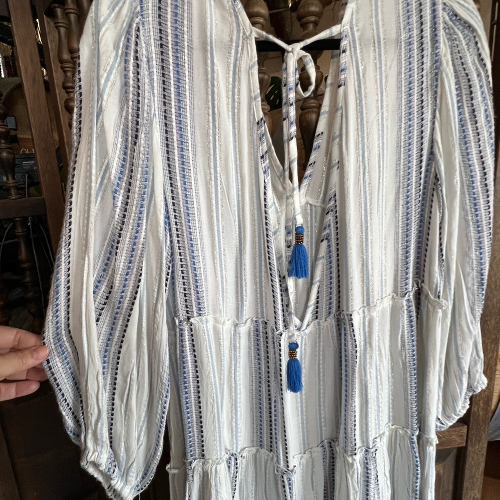 blue island White and Light Blue Striped Boho Dress with Tassel Detail